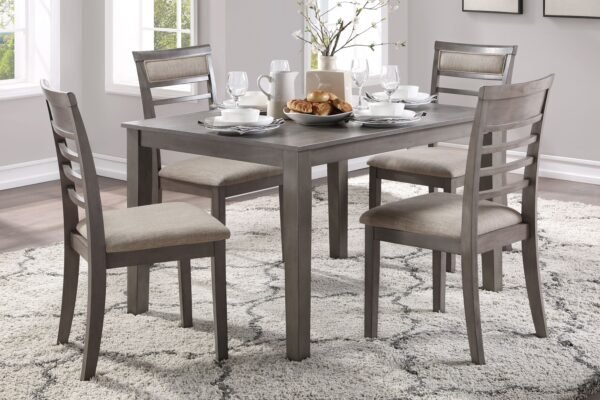Gray 5pc Dining Set – Wooden Table with 4 Upholstered Chairs, Transitional Style