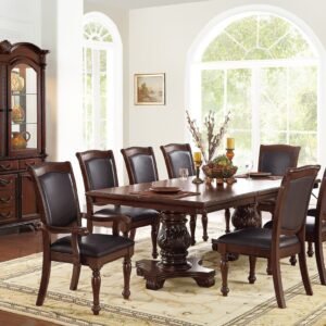 Majestic Royal 9pc Dining Set – Formal Double Pedestal Table with 8 Upholstered Chairs