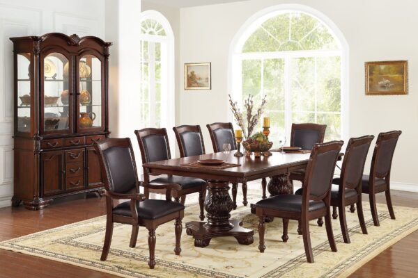Majestic Royal 9pc Dining Set – Formal Double Pedestal Table with 8 Upholstered Chairs