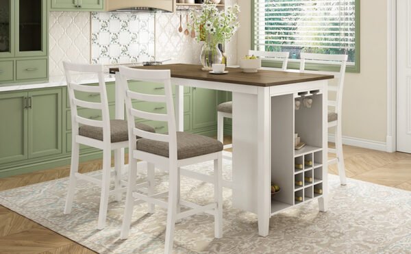 TREXM 5-Piece Counter Height Dining Set with Wine Rack & Glass Holders – Brown & Whitewash - Image 13