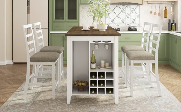TREXM 5-Piece Counter Height Dining Set with Wine Rack & Glass Holders – Brown & Whitewash - Image 14