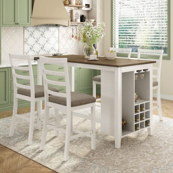 TREXM 5-Piece Counter Height Dining Set with Wine Rack & Glass Holders – Brown & Whitewash - Image 15