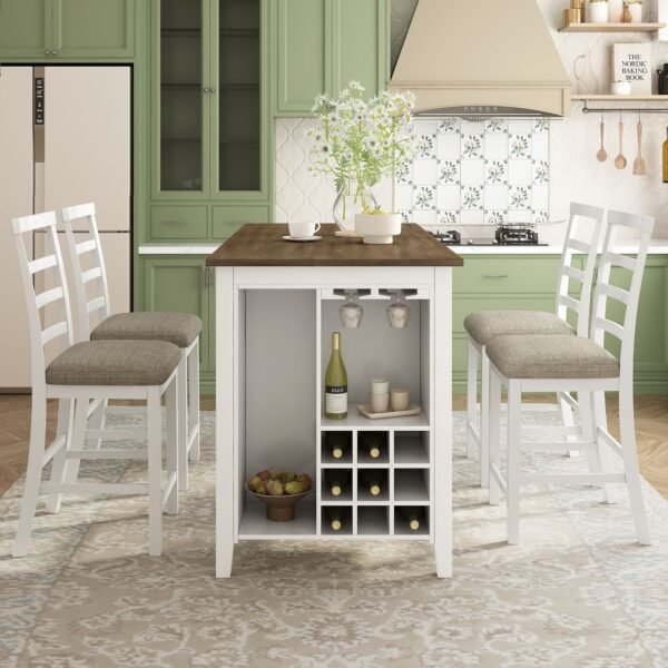 TREXM 5-Piece Counter Height Dining Set with Wine Rack & Glass Holders – Brown & Whitewash - Image 16