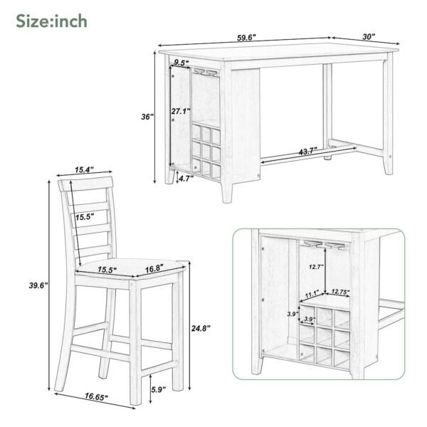 TREXM 5-Piece Counter Height Dining Set with Wine Rack & Glass Holders – Brown & Whitewash - Image 17
