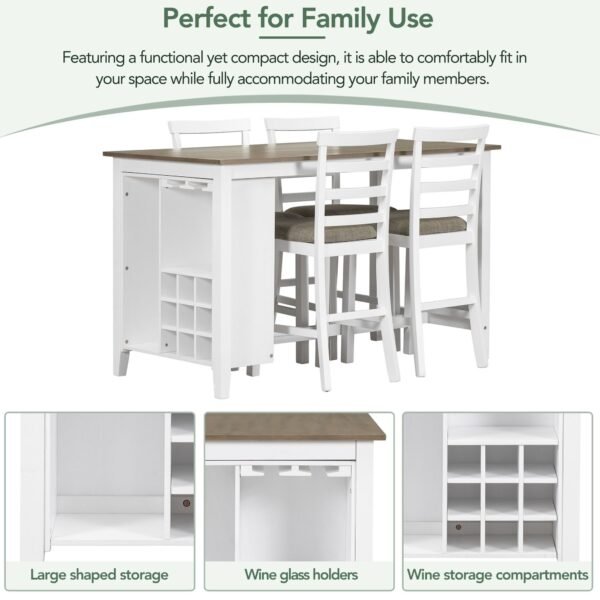 TREXM 5-Piece Counter Height Dining Set with Wine Rack & Glass Holders – Brown & Whitewash - Image 18