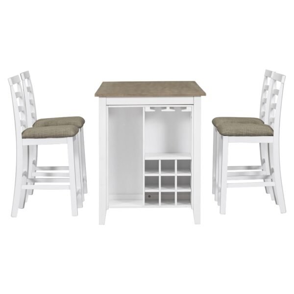 TREXM 5-Piece Counter Height Dining Set with Wine Rack & Glass Holders – Brown & Whitewash - Image 3
