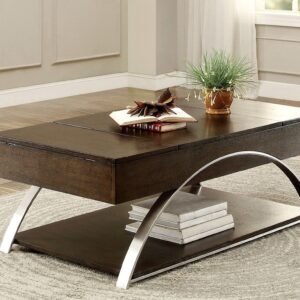 Espresso Lift-Top Coffee Table with Shelf – Modern Wood & Chrome Cocktail Table