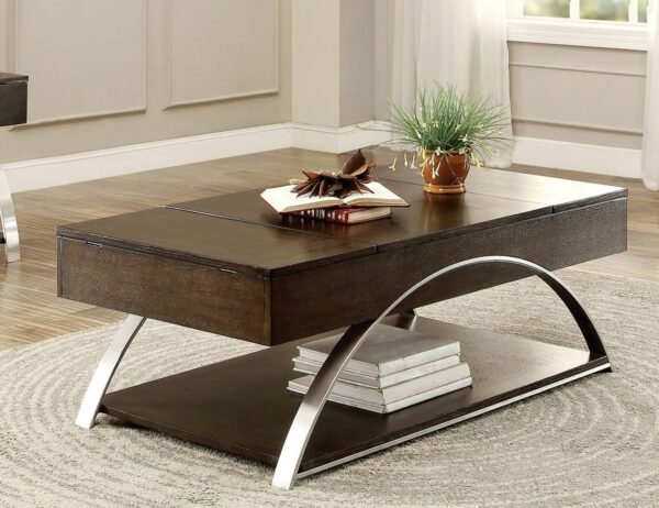 Espresso Lift-Top Coffee Table with Shelf – Modern Wood & Chrome Cocktail Table
