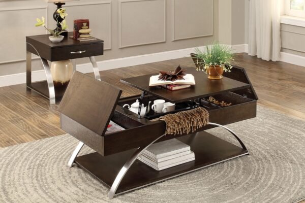 Espresso Lift-Top Coffee Table with Shelf – Modern Wood & Chrome Cocktail Table - Image 8