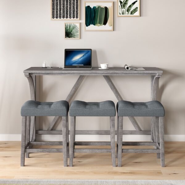 4-Piece Bar Table Set with Power Outlet – Industrial Dining Table and Stools for Kitchen, Game Room - Image 2