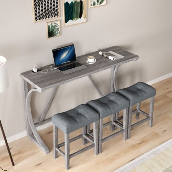 4-Piece Bar Table Set with Power Outlet – Industrial Dining Table and Stools for Kitchen, Game Room - Image 3