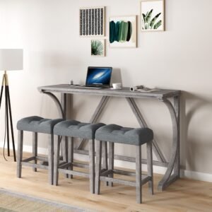 4-Piece Bar Table Set with Power Outlet – Industrial Dining Table and Stools for Kitchen, Game Room