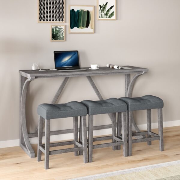 4-Piece Bar Table Set with Power Outlet – Industrial Dining Table and Stools for Kitchen, Game Room - Image 5