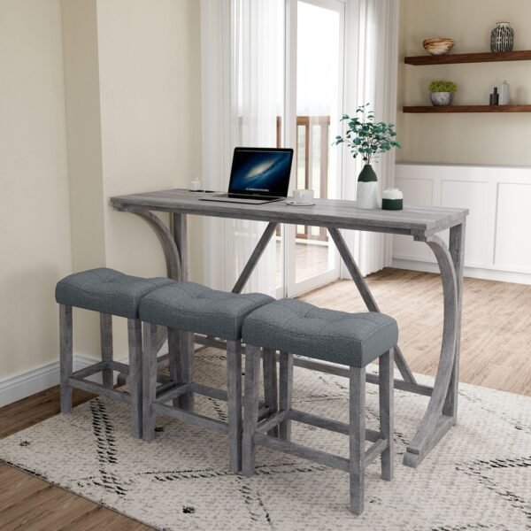 4-Piece Bar Table Set with Power Outlet – Industrial Dining Table and Stools for Kitchen, Game Room - Image 7