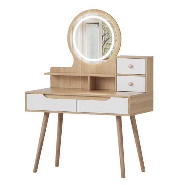 Modern Makeup Vanity Desk with Adjustable Lighted Mirror & Storage – White Oak Dressing Table Set - Image 2