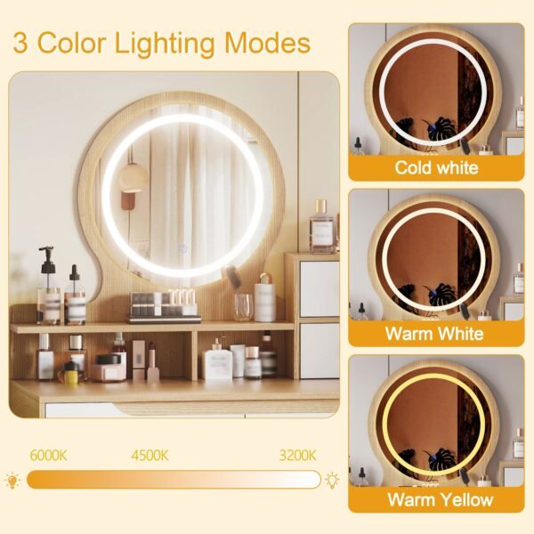 Modern Makeup Vanity Desk with Adjustable Lighted Mirror & Storage – White Oak Dressing Table Set - Image 11