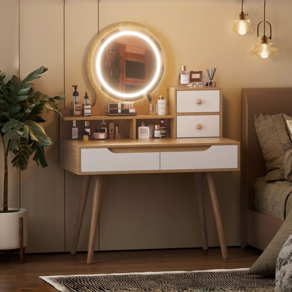 Modern Makeup Vanity Desk with Adjustable Lighted Mirror & Storage – White Oak Dressing Table Set - Image 3