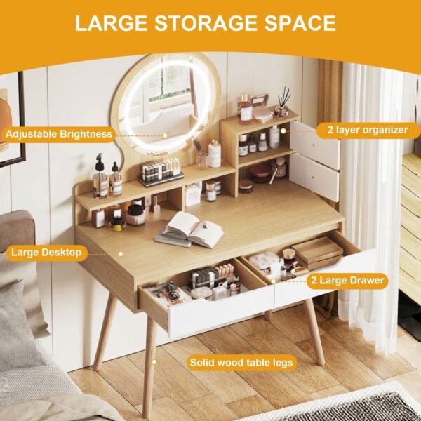 Modern Makeup Vanity Desk with Adjustable Lighted Mirror & Storage – White Oak Dressing Table Set - Image 4