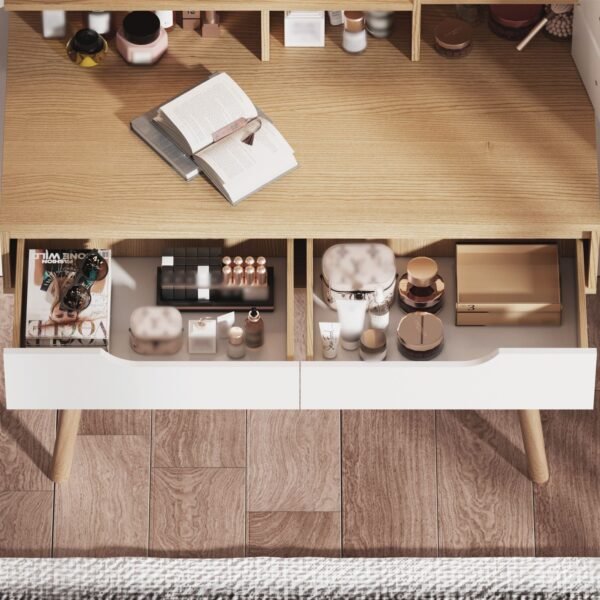 Modern Makeup Vanity Desk with Adjustable Lighted Mirror & Storage – White Oak Dressing Table Set - Image 5