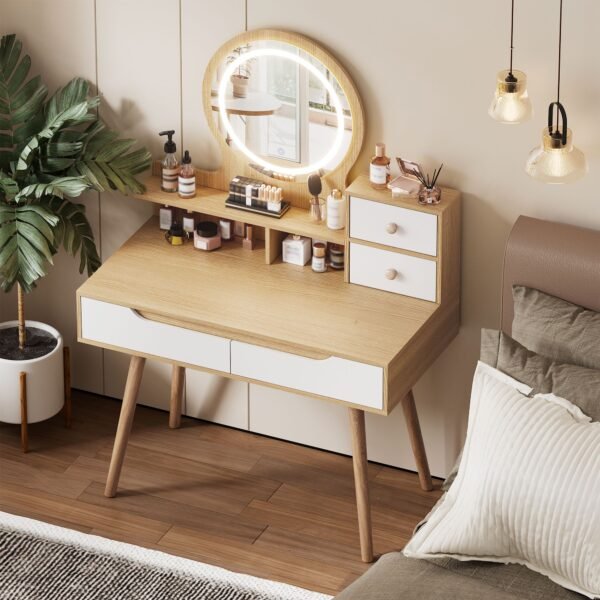 Modern Makeup Vanity Desk with Adjustable Lighted Mirror & Storage – White Oak Dressing Table Set - Image 6