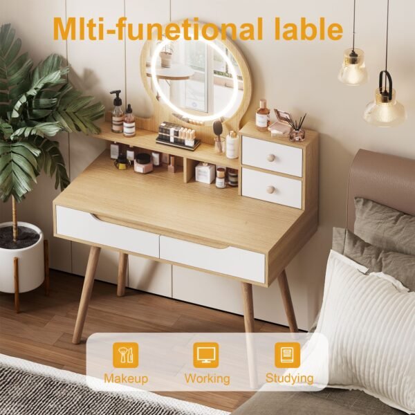 Modern Makeup Vanity Desk with Adjustable Lighted Mirror & Storage – White Oak Dressing Table Set - Image 7