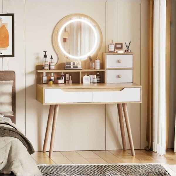 Modern Makeup Vanity Desk with Adjustable Lighted Mirror & Storage – White Oak Dressing Table Set