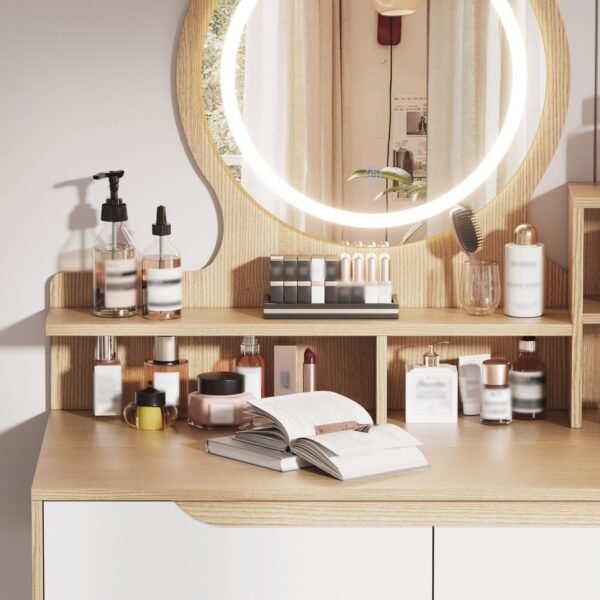 Modern Makeup Vanity Desk with Adjustable Lighted Mirror & Storage – White Oak Dressing Table Set - Image 8