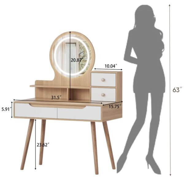 Modern Makeup Vanity Desk with Adjustable Lighted Mirror & Storage – White Oak Dressing Table Set - Image 9