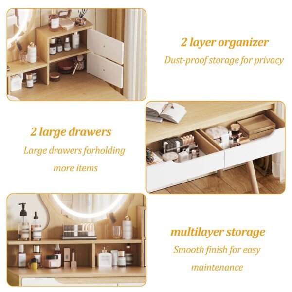 Modern Makeup Vanity Desk with Adjustable Lighted Mirror & Storage – White Oak Dressing Table Set - Image 10