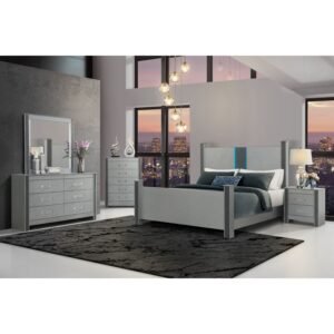 Lorenzo Silver 5-Piece Queen Bedroom Set with Built-In Lighting & Storage – Contemporary Glam Style