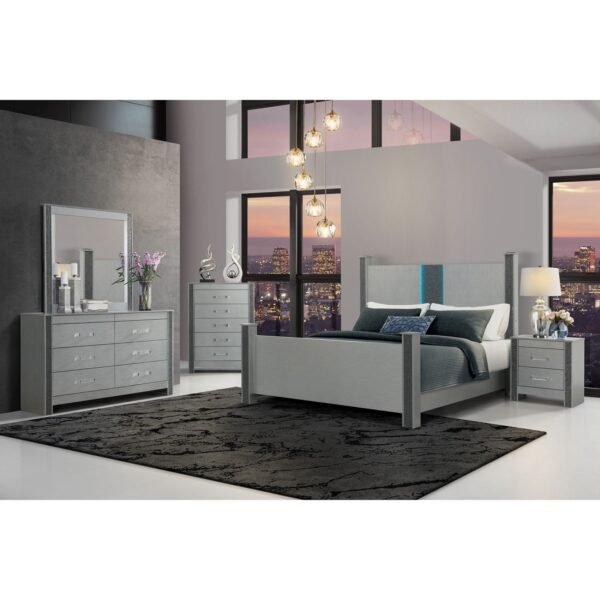 Lorenzo Silver 5-Piece Queen Bedroom Set with Built-In Lighting & Storage – Contemporary Glam Style
