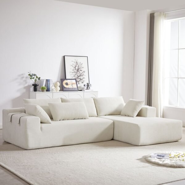 Modern Beige Chenille L-Shaped Sectional Sofa with 6 Pillows – Modular Right Chaise - Image 18