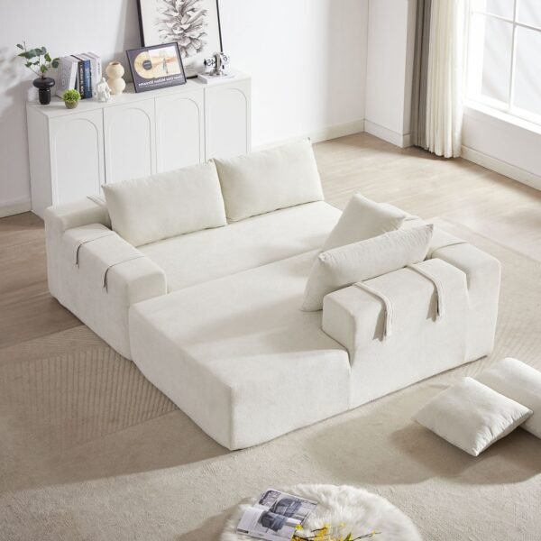 Modern Beige Chenille L-Shaped Sectional Sofa with 6 Pillows – Modular Right Chaise - Image 19