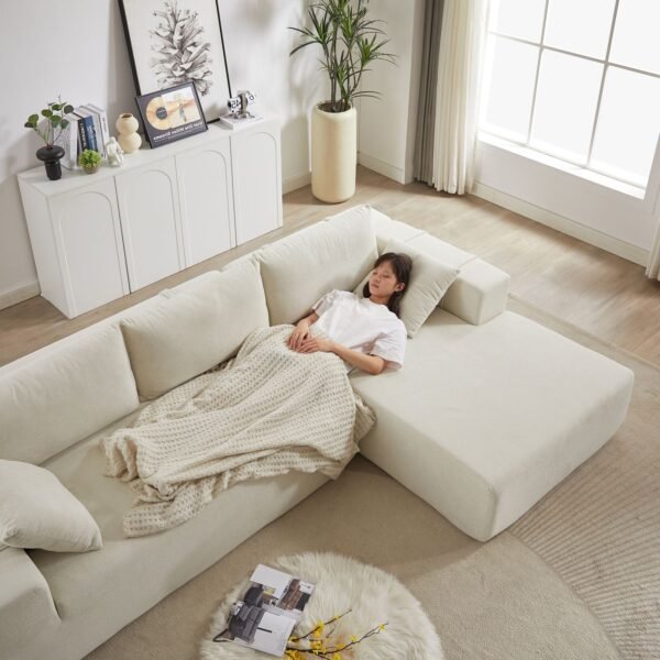 Modern Beige Chenille L-Shaped Sectional Sofa with 6 Pillows – Modular Right Chaise - Image 7