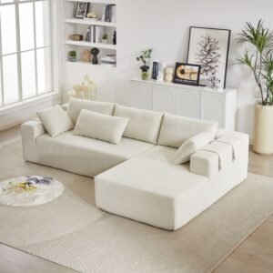Modern Beige Chenille L-Shaped Sectional Sofa with 6 Pillows – Modular Right Chaise