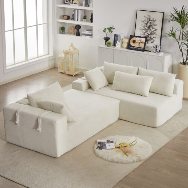 Modern Beige Chenille L-Shaped Sectional Sofa with 6 Pillows – Modular Right Chaise - Image 10