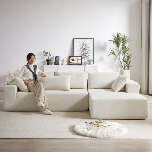 Modern Beige Chenille L-Shaped Sectional Sofa with 6 Pillows – Modular Right Chaise - Image 15