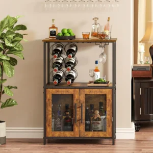 Bar Cabinet with Detachable Wine Rack, Liquor Stand for Home Bar, Mini Table with Glass Holder, Small Sideboard with Mesh Door