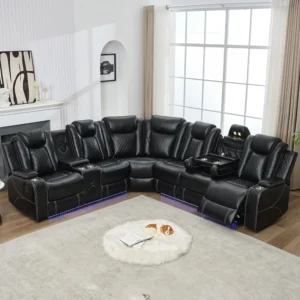 6-Seater Power Recliner Sectional Sofa with Drop-off Table, Faux Leather Electric Sofa Featuring Bass Speaker, LED Light, USB, T
