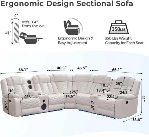 Electric Power Recliner Sectional Sofa With Bass Speakers & LED Lights – Faux Leather L-Shaped Corner Couches For Living Room - Image 3