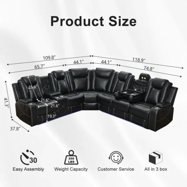 6-Seater Power Recliner Sectional Sofa with Drop-off Table, Faux Leather Electric Sofa Featuring Bass Speaker, LED Light, USB, T - Image 2