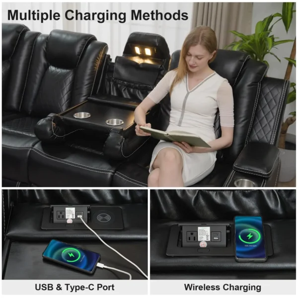 6-Seater Power Recliner Sectional Sofa with Drop-off Table, Faux Leather Electric Sofa Featuring Bass Speaker, LED Light, USB, T - Image 3