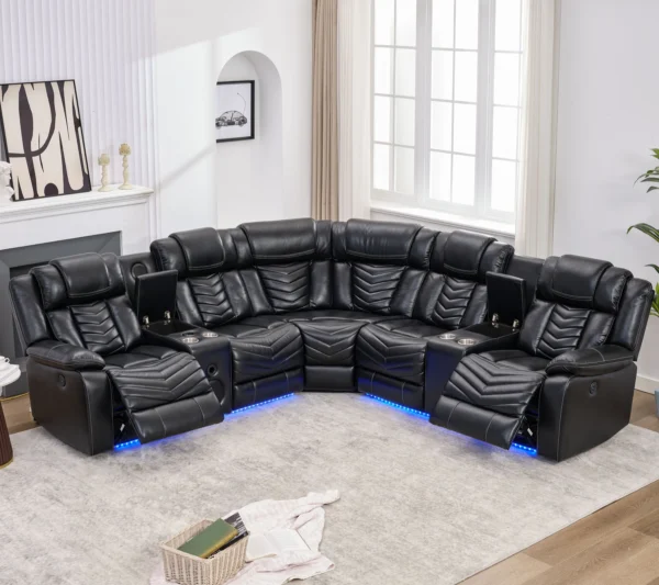 Electric Power Recliner Sectional Sofa With Bass Speakers & LED Lights – Faux Leather L-Shaped Corner Couches For Living Room - Image 6