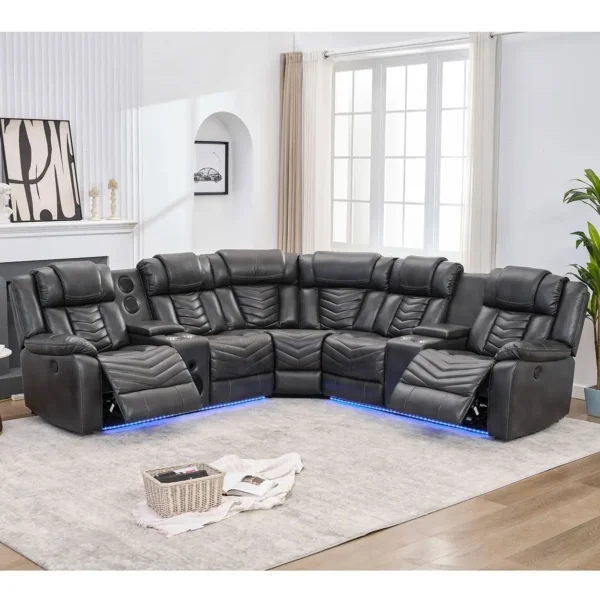Electric Power Recliner Sectional Sofa With Bass Speakers & LED Lights – Faux Leather L-Shaped Corner Couches For Living Room - Image 5