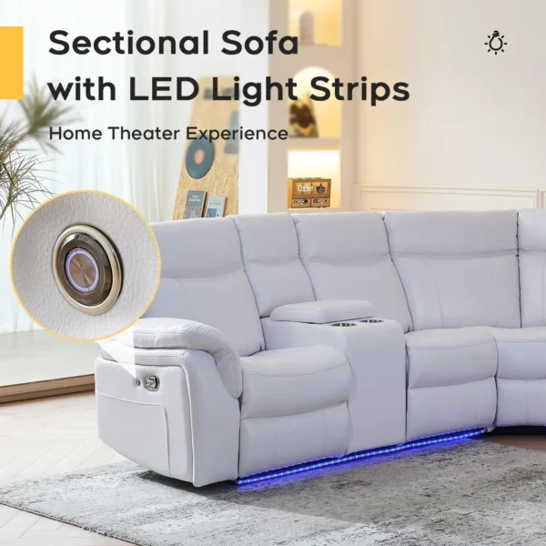 Manual Recliner Sectional Sofa With LED Lights, USB, Cup Holders & Storage Console - Leather Corner Couch With 2 Theater Recline - Image 4