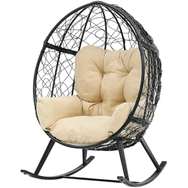 Wicker Rocking Egg Chair, Rattan Rocking Chairs, Indoor/Outdoor Lounger for Patio, Backyard, Living Room, Garden Egg Chair - Image 6