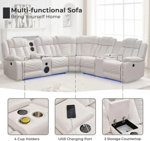 Electric Power Recliner Sectional Sofa With Bass Speakers & LED Lights – Faux Leather L-Shaped Corner Couches For Living Room - Image 4
