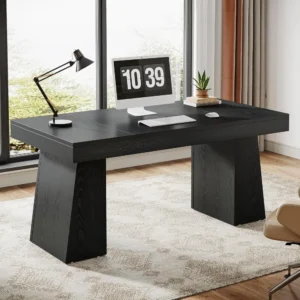 55” L-Shaped Mid-Century Executive Desk with Trapezoid Base – Stylish & Spacious Office Desk