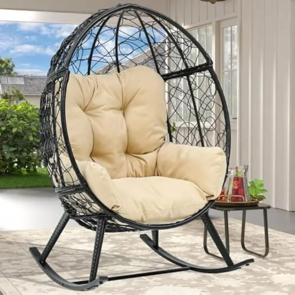 Wicker Rocking Egg Chair, Rattan Rocking Chairs, Indoor/Outdoor Lounger for Patio, Backyard, Living Room, Garden Egg Chair - Image 2