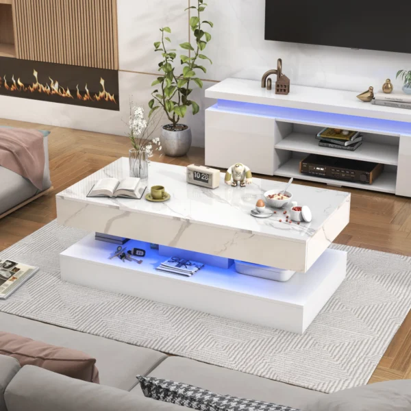 Modern Stylish Coffee Table with LED lights, Double-Layer Design for Living Room Coffee Table with 2 Storage Drawers - Image 4